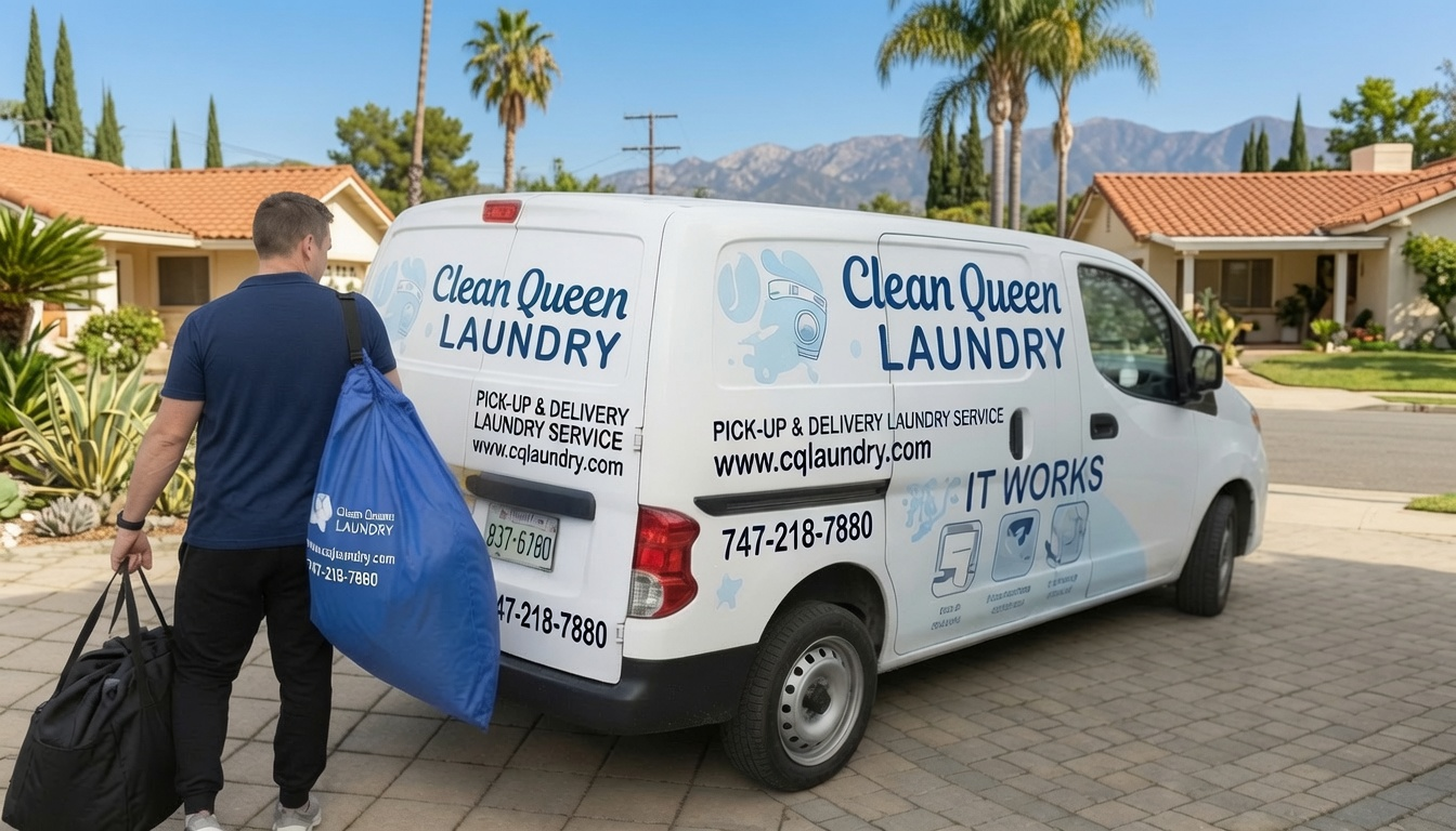Branded Clean Queen Laundry pickup and delivery van parked in a Los Angeles-area neighborhood as a driver carries laundry bags